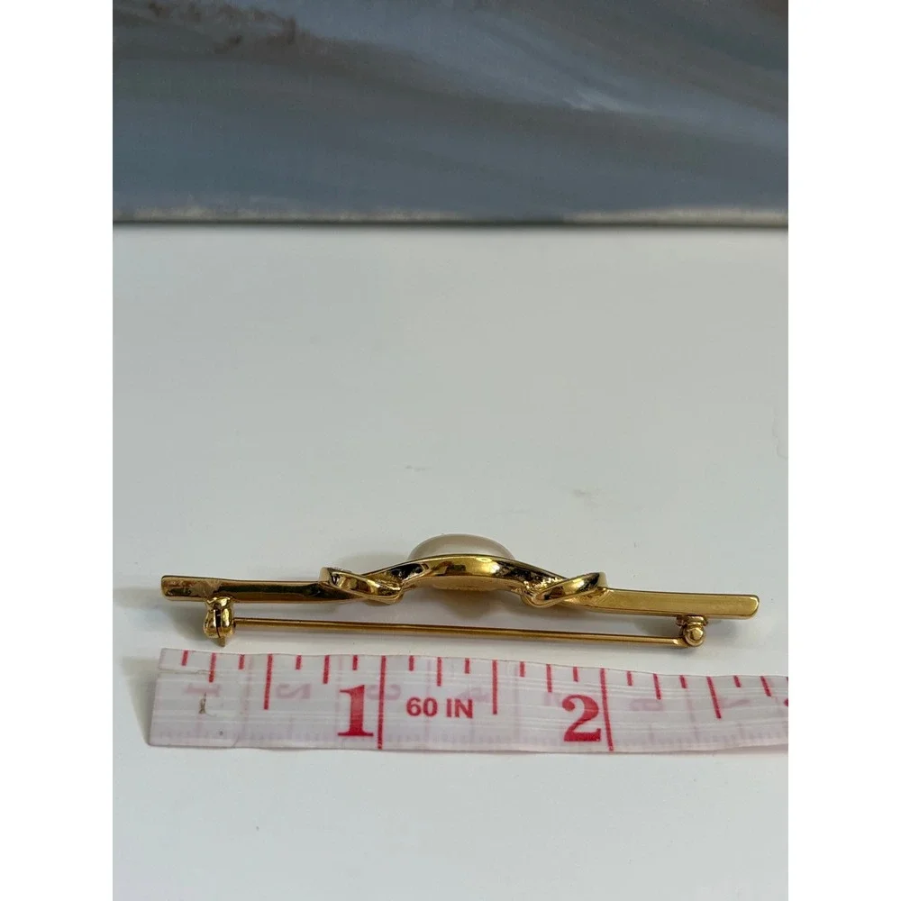 Monet Vintage Gold Tone Faux Pearl Rhinestone Bar Brooch Pin Scroll Design
